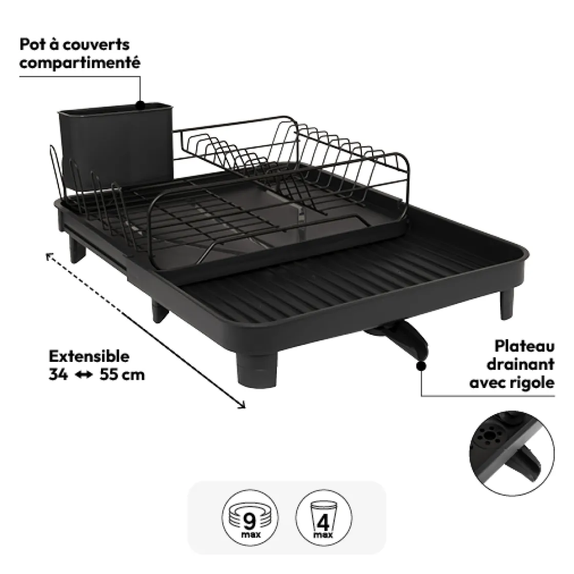 5five Égouttoir extensible, Noir