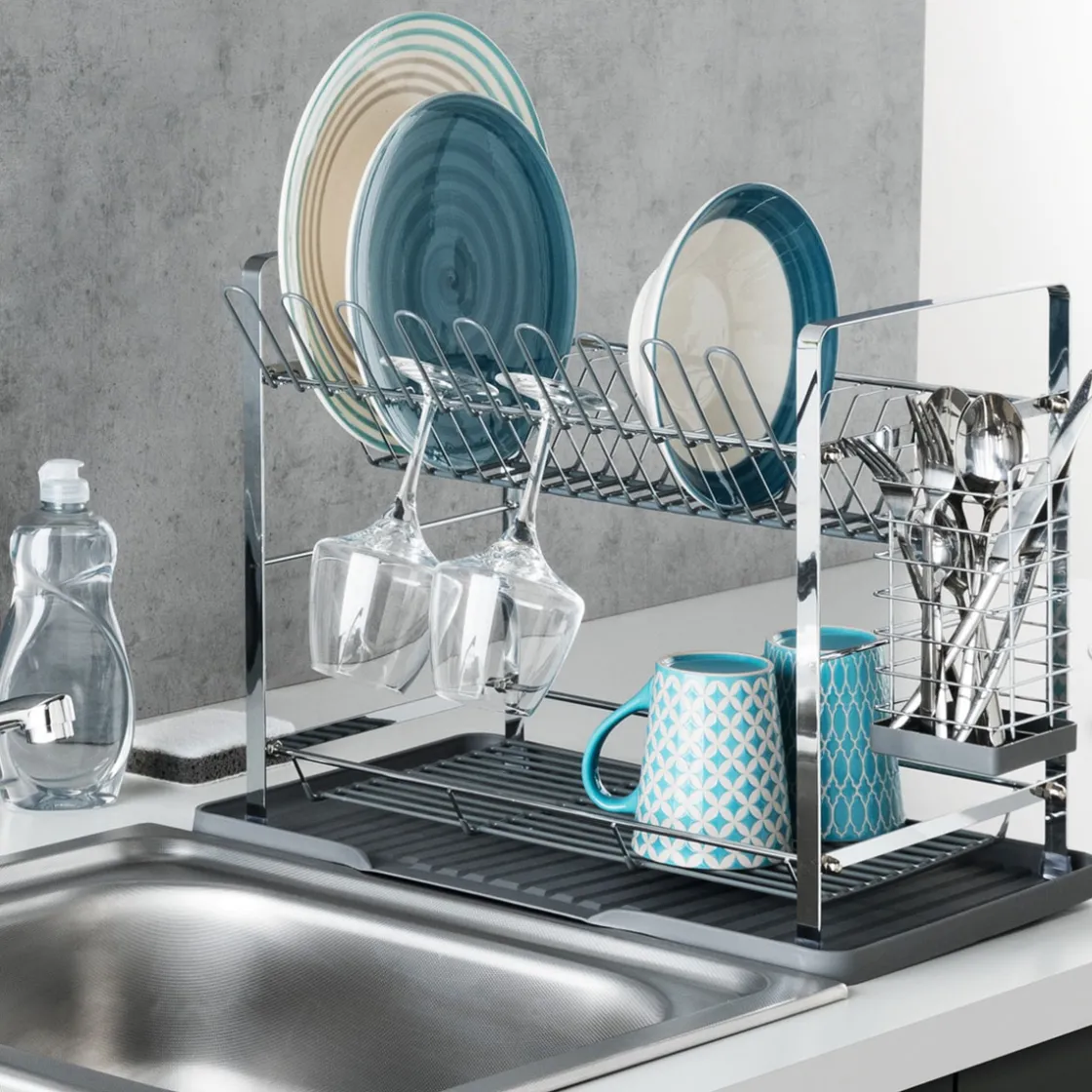 5five Égouttoir métal 2 niveaux avec plateau, Gris