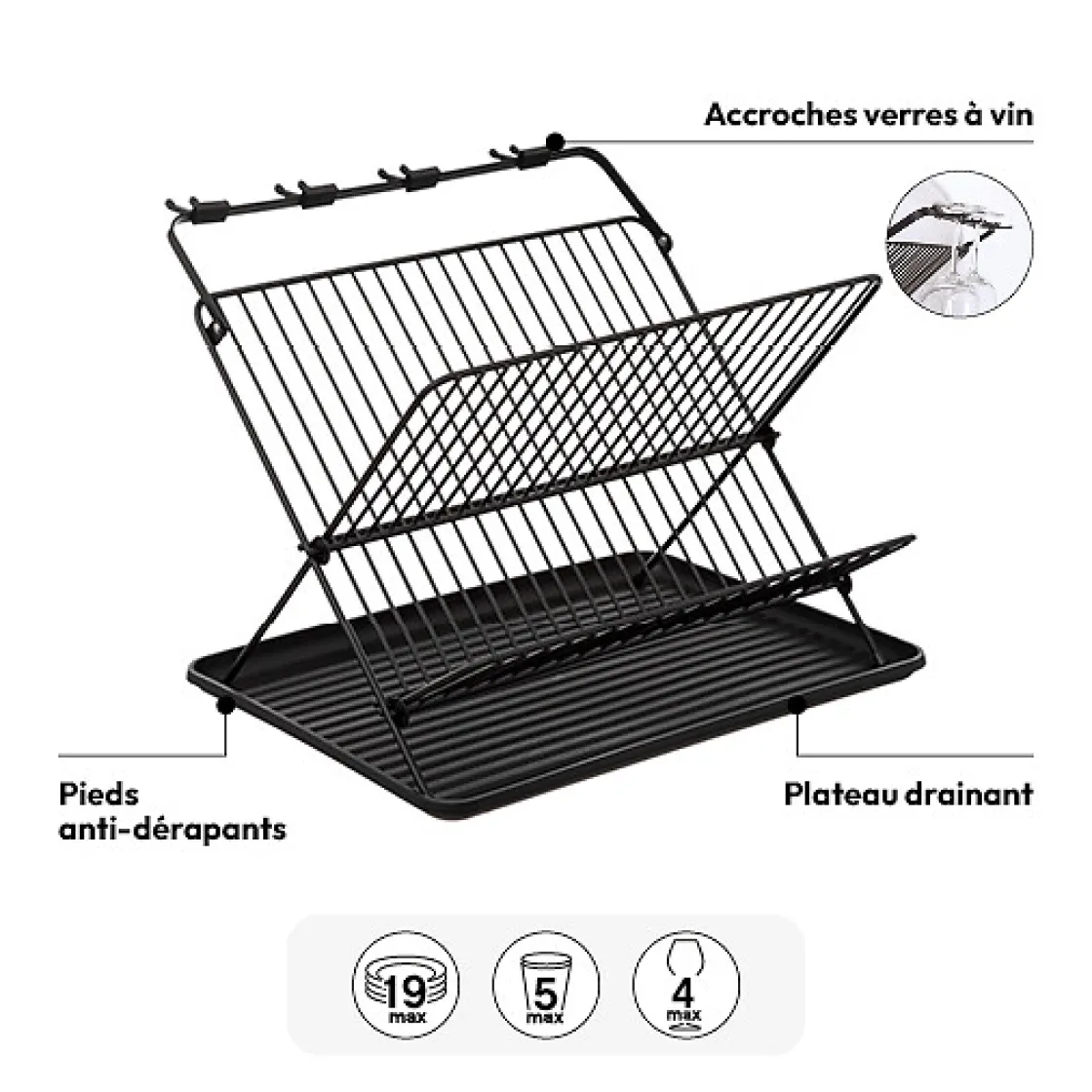 5five Égouttoir pliant 2 niveaux avec plateau, Noir