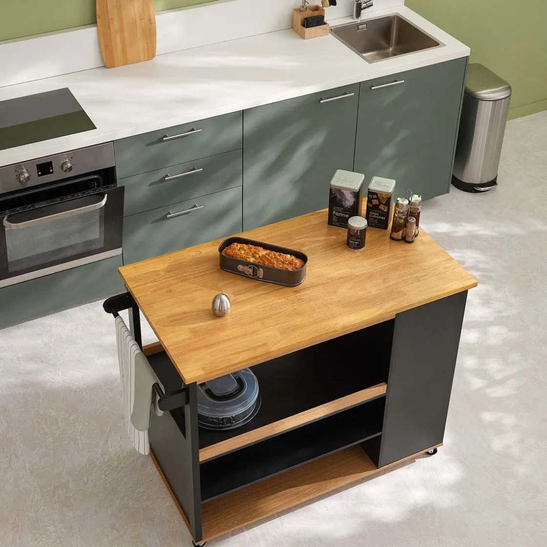 5five Ilot de cuisine à roulettes bois, Noir