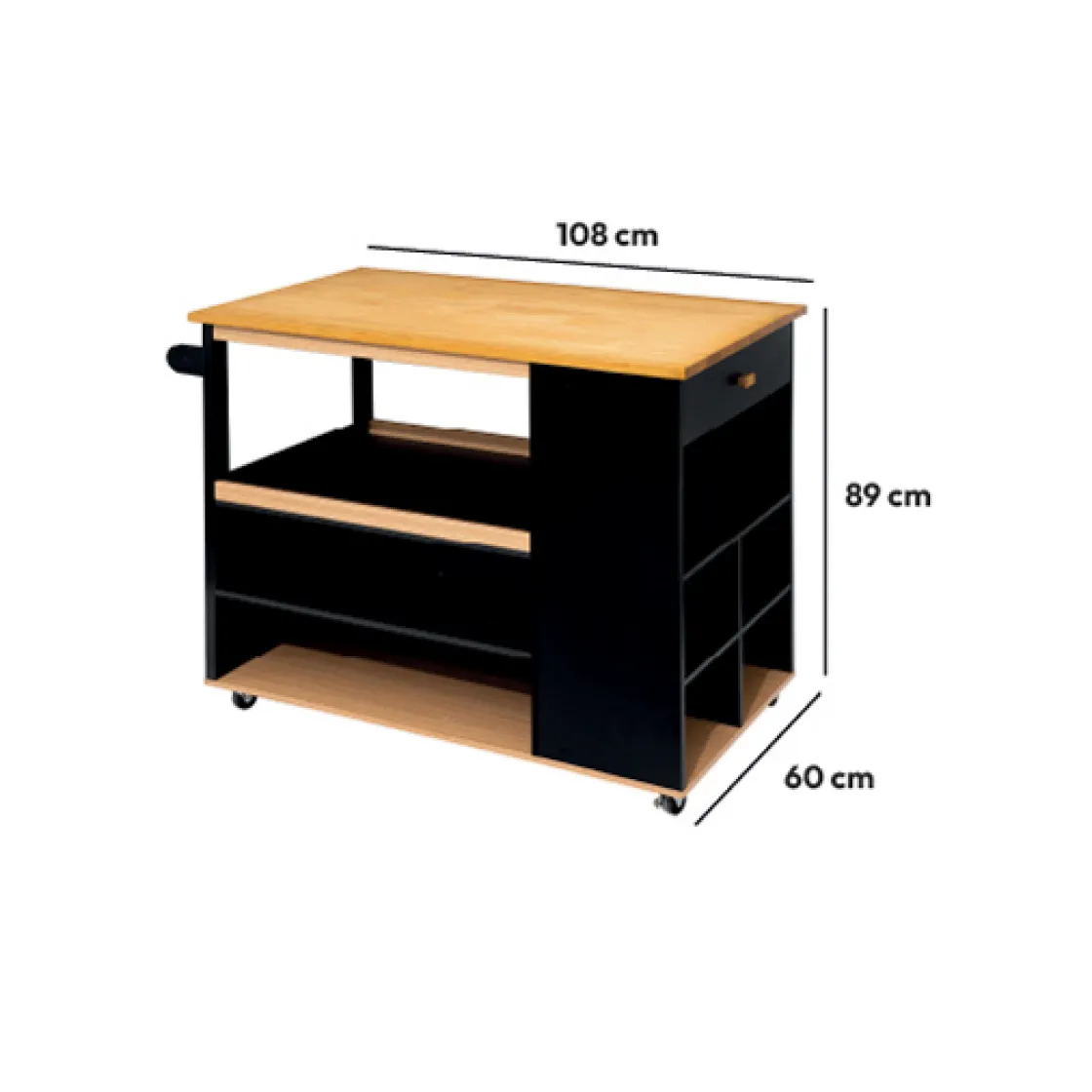 5five Ilot de cuisine à roulettes bois, Noir