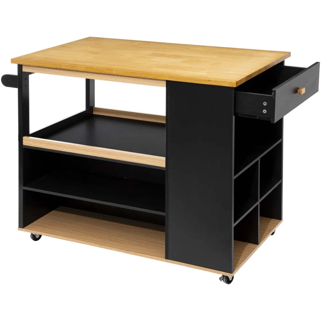 5five Ilot de cuisine à roulettes bois, Noir
