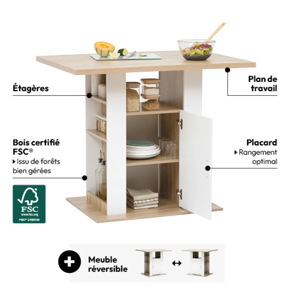 5five Ilot de cuisine, Effet bois naturel