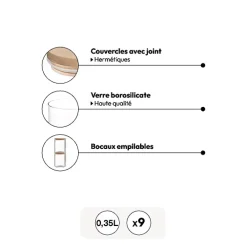 5five Lot de 9 bocaux de conservation hermétiques en verre 350ml