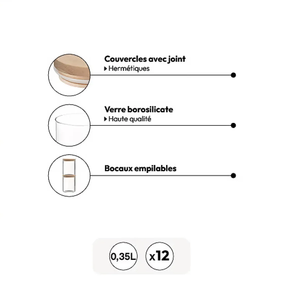 5five Lot de 12 bocaux de conservation hermétiques en verre 350ml