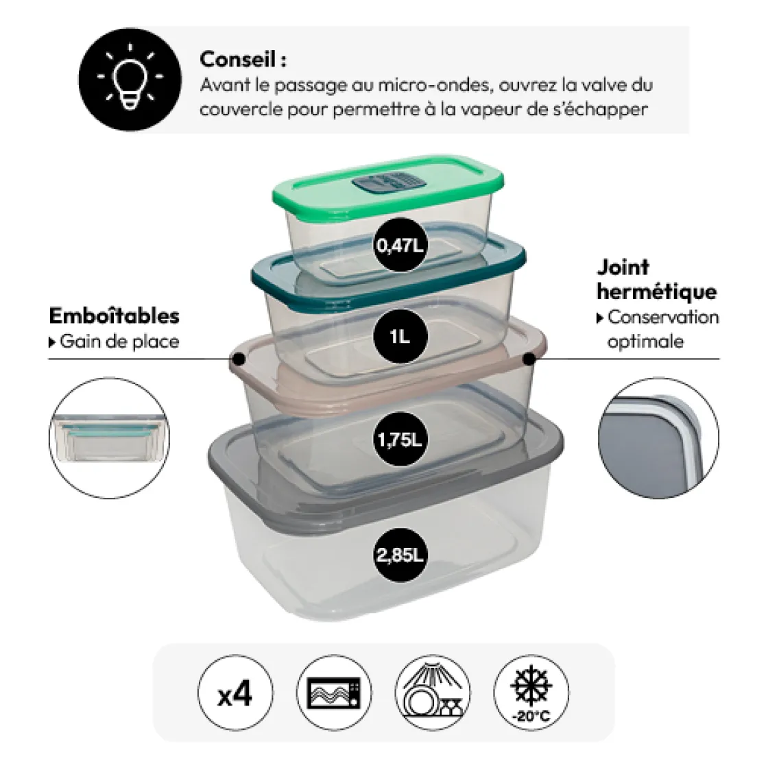 5five Lot de 4 boîtes de conservation avec valves micro-ondes