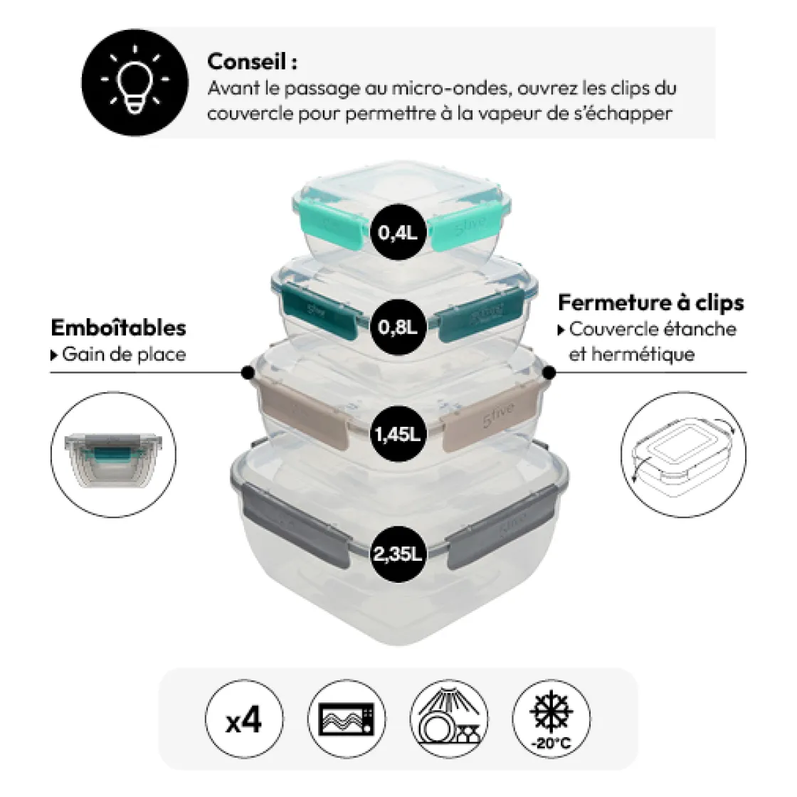 5five Lot de 4 boîtes en plastique carré