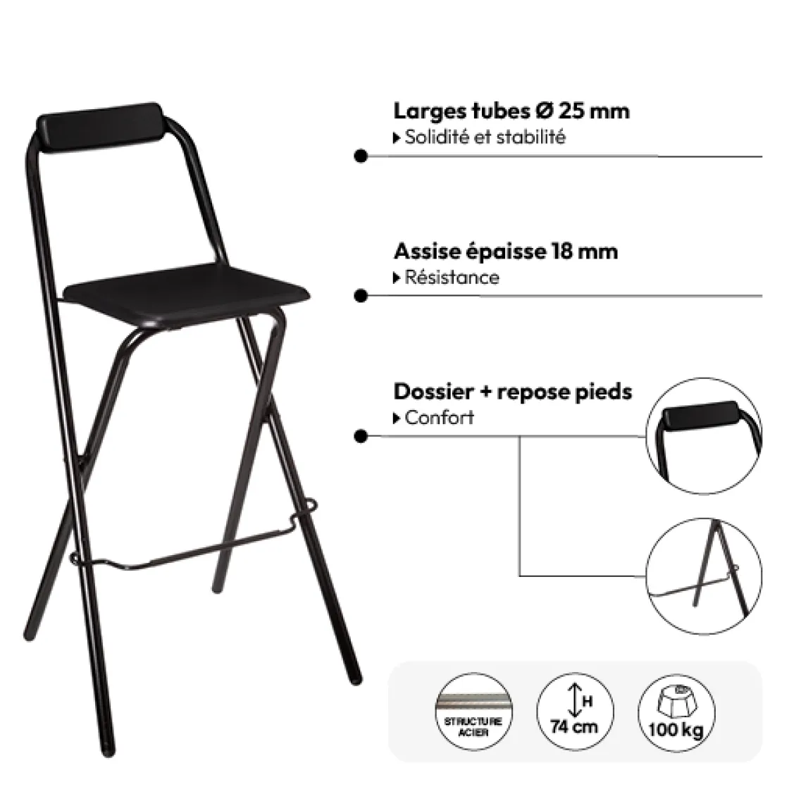 5five Lot de 4 chaises de bar pliantes, Noir