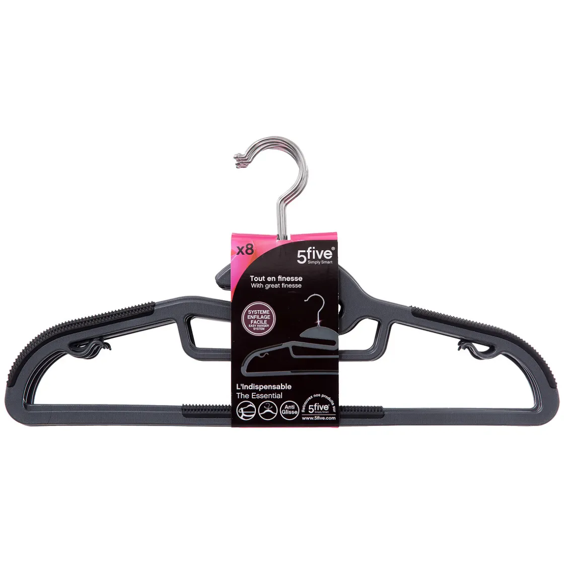 5five Lot de 8 cintres antidérapants avec encoches, Gris