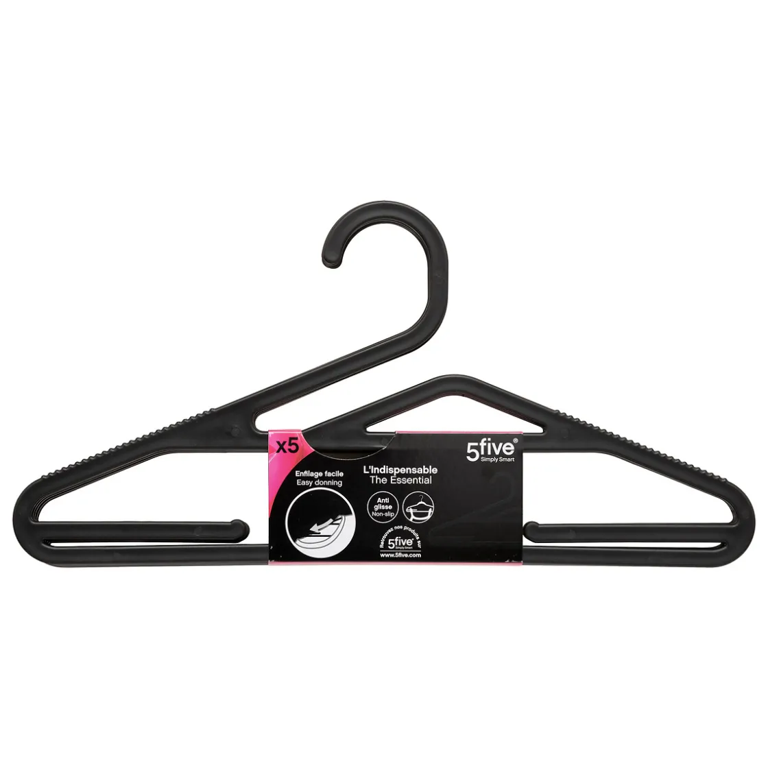 5five Lot de 5 cintres fins antidérapants, Noir