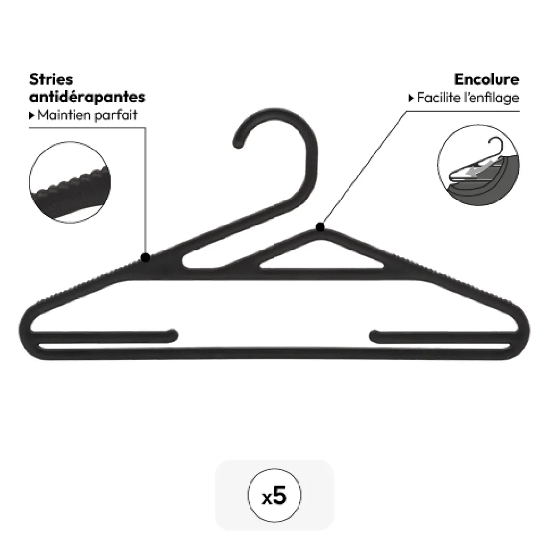 5five Lot de 5 cintres fins antidérapants, Noir