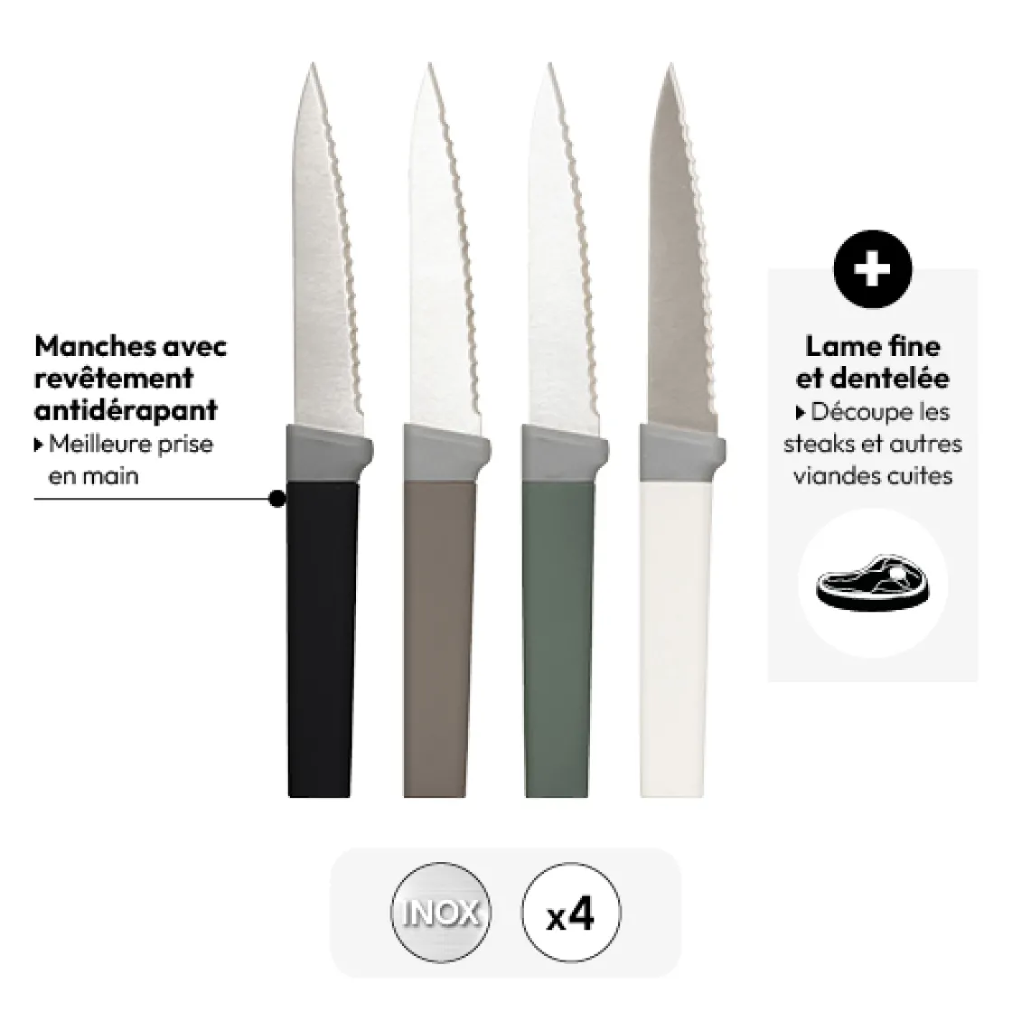 5five Lot de 4 couteaux à steak manche antidérapant