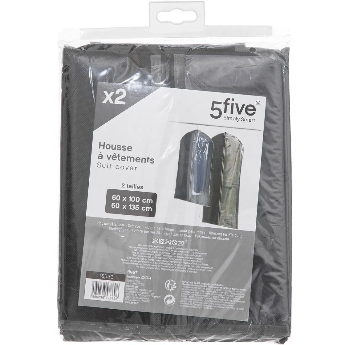 5five Lot de 2 housses vêtements grand modèle, Noir