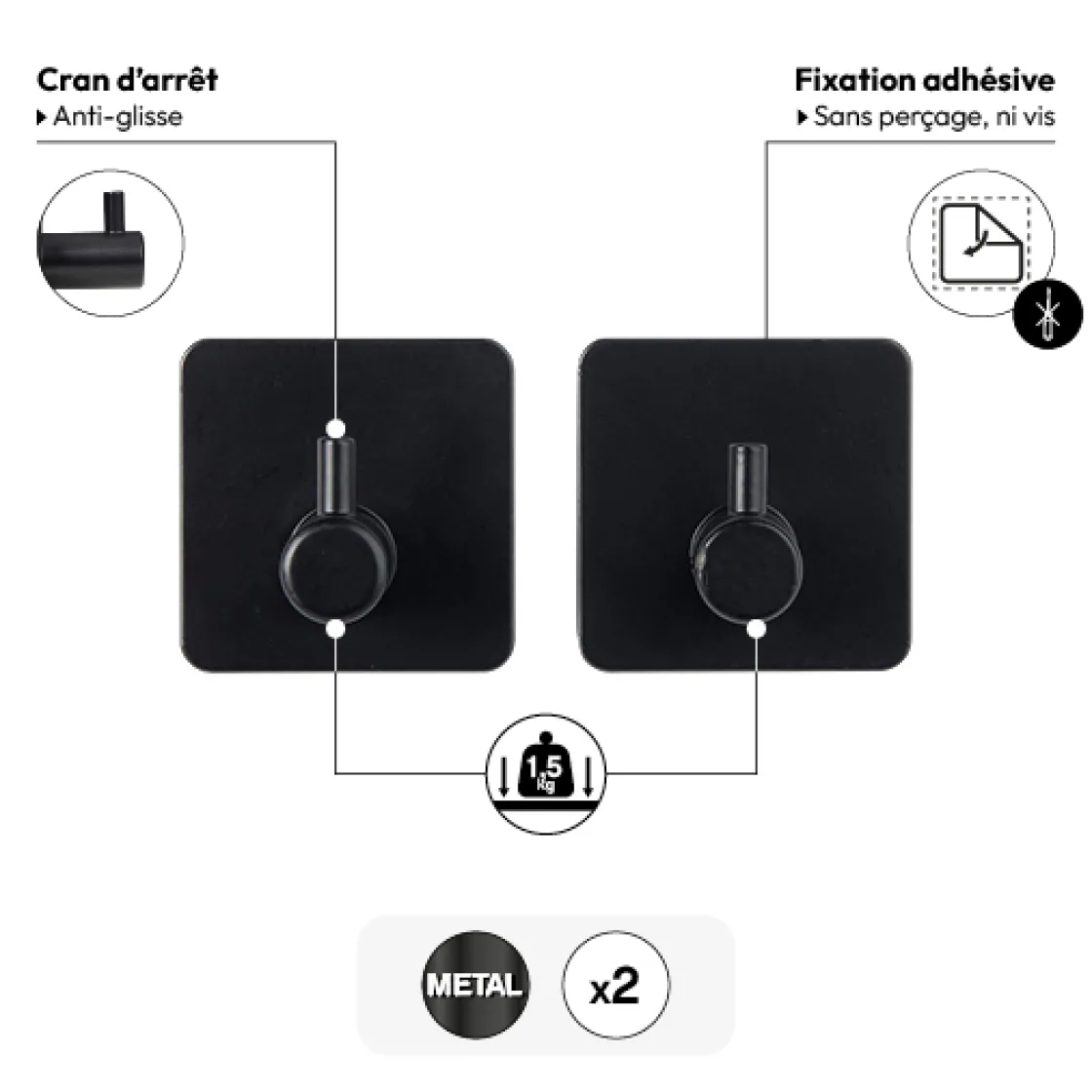 5five Lot de 2 patères adhésives 1 tête