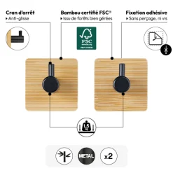 5five Lot de 2 patères adhésives 1 tête métal et bambou