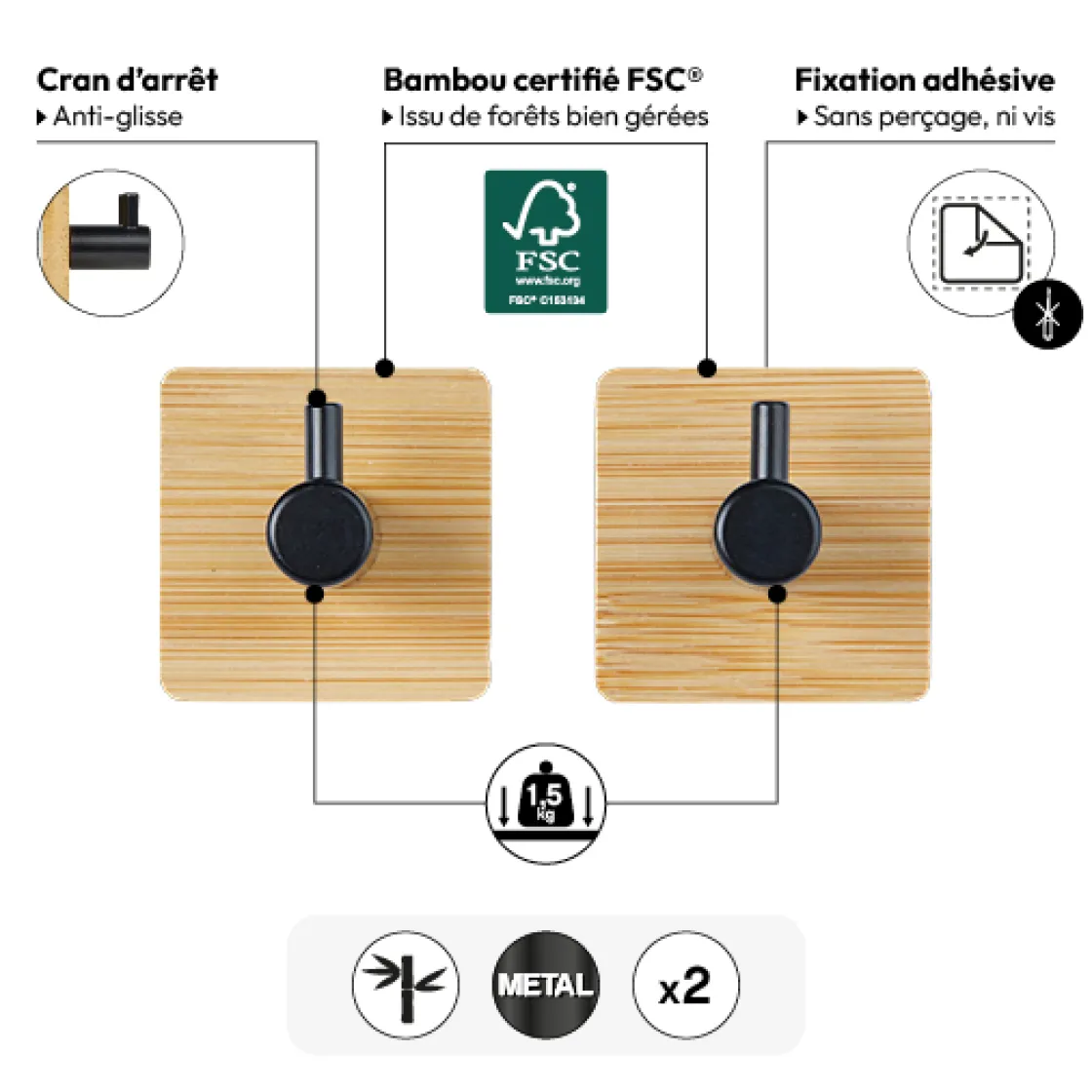 5five Lot de 2 patères adhésives 1 tête métal et bambou