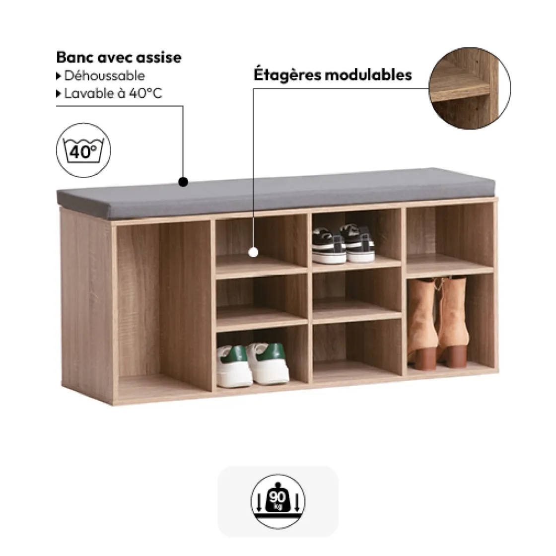 5five Meuble banc à chaussures x8, Effet chêne naturel