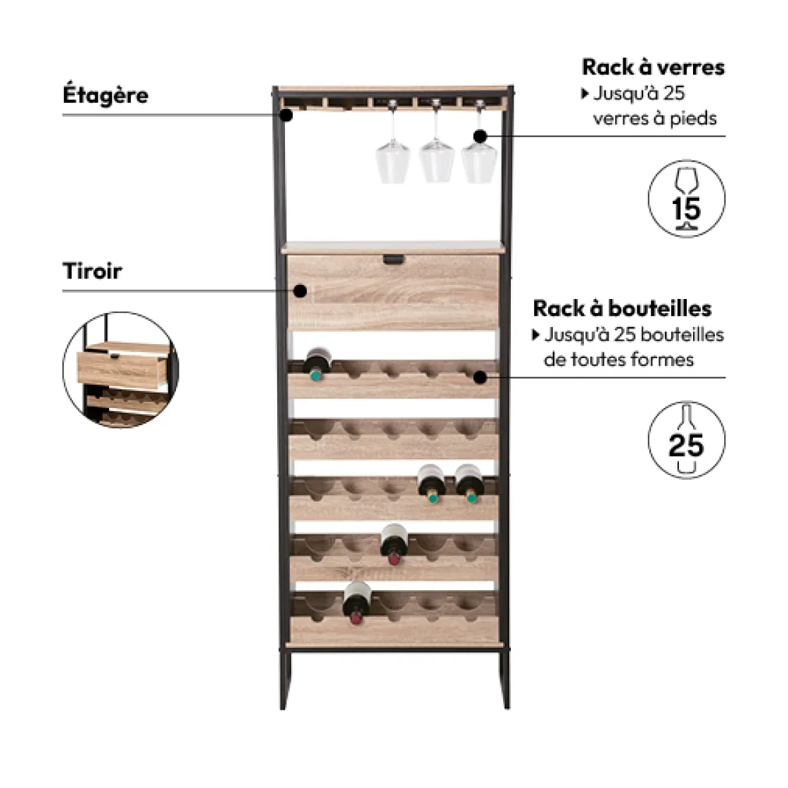 5five Meuble bar x25bouteilles, Effet chêne naturel