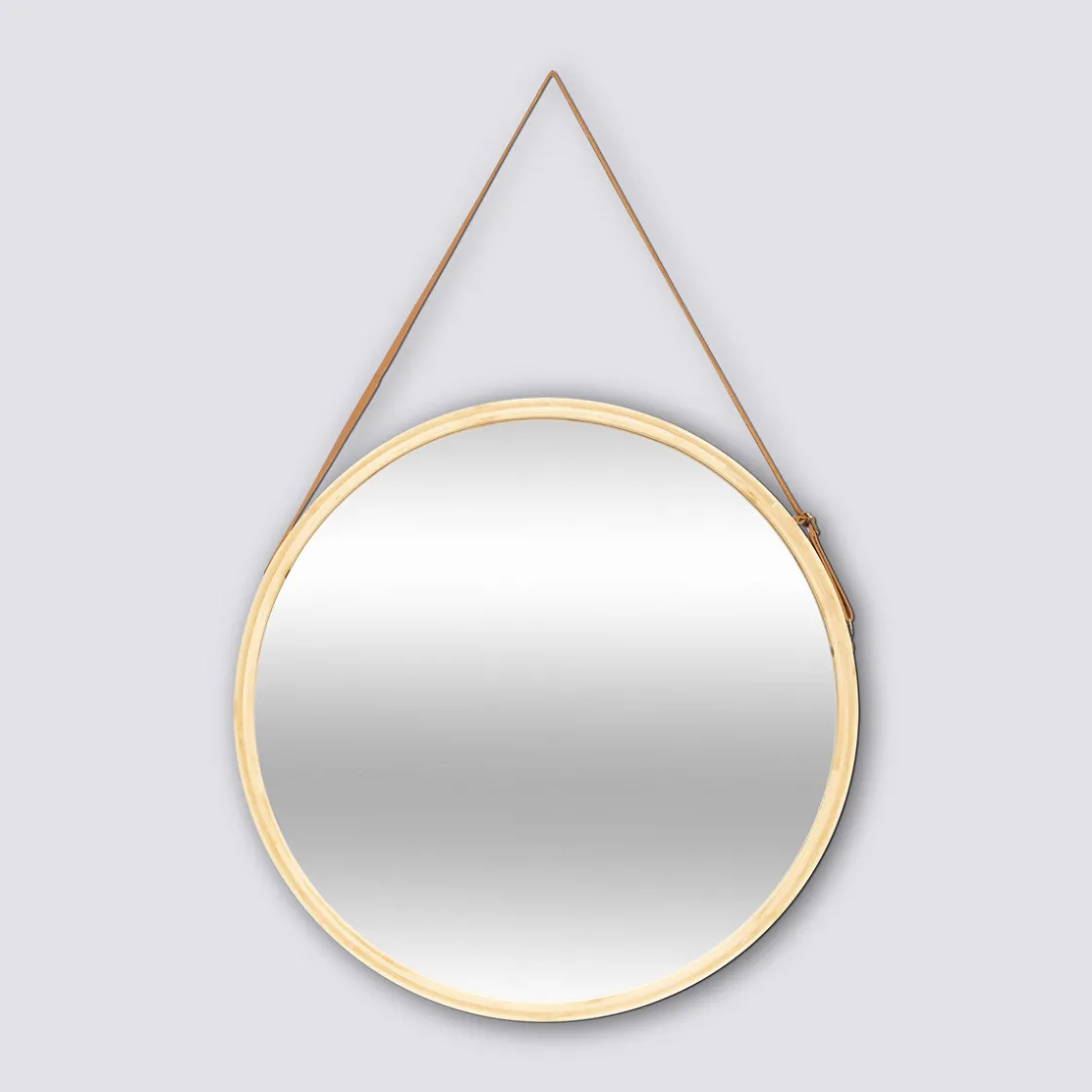 5five Miroir mural rond avec lanière cuir, 50cm, Bambou