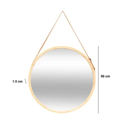 5five Miroir mural rond avec lanière cuir, 50cm, Bambou