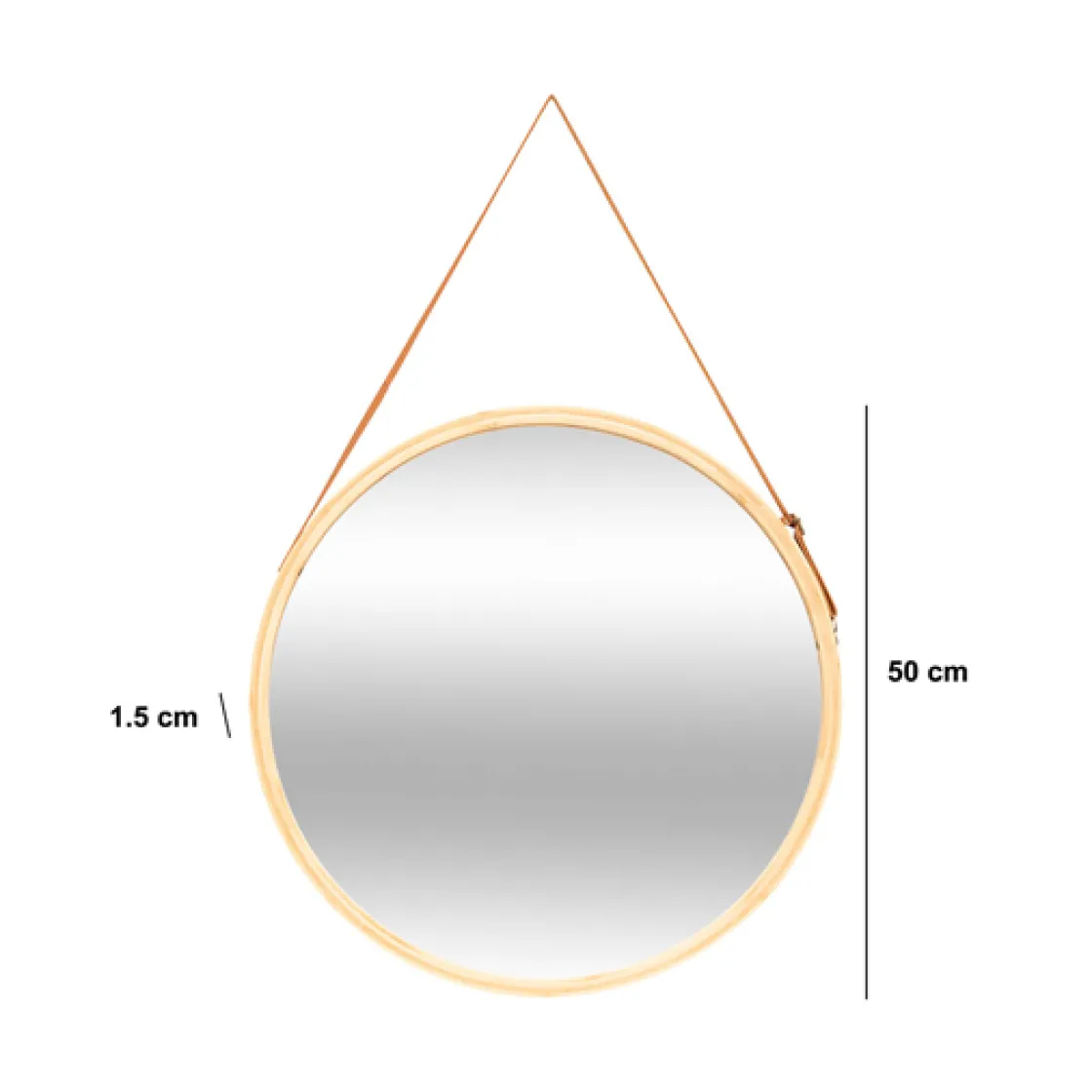 5five Miroir mural rond avec lanière cuir, 50cm, Bambou