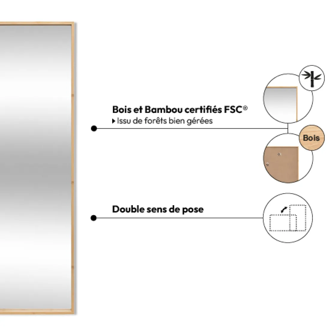 5five Miroir mural 125x35cm, Bambou
