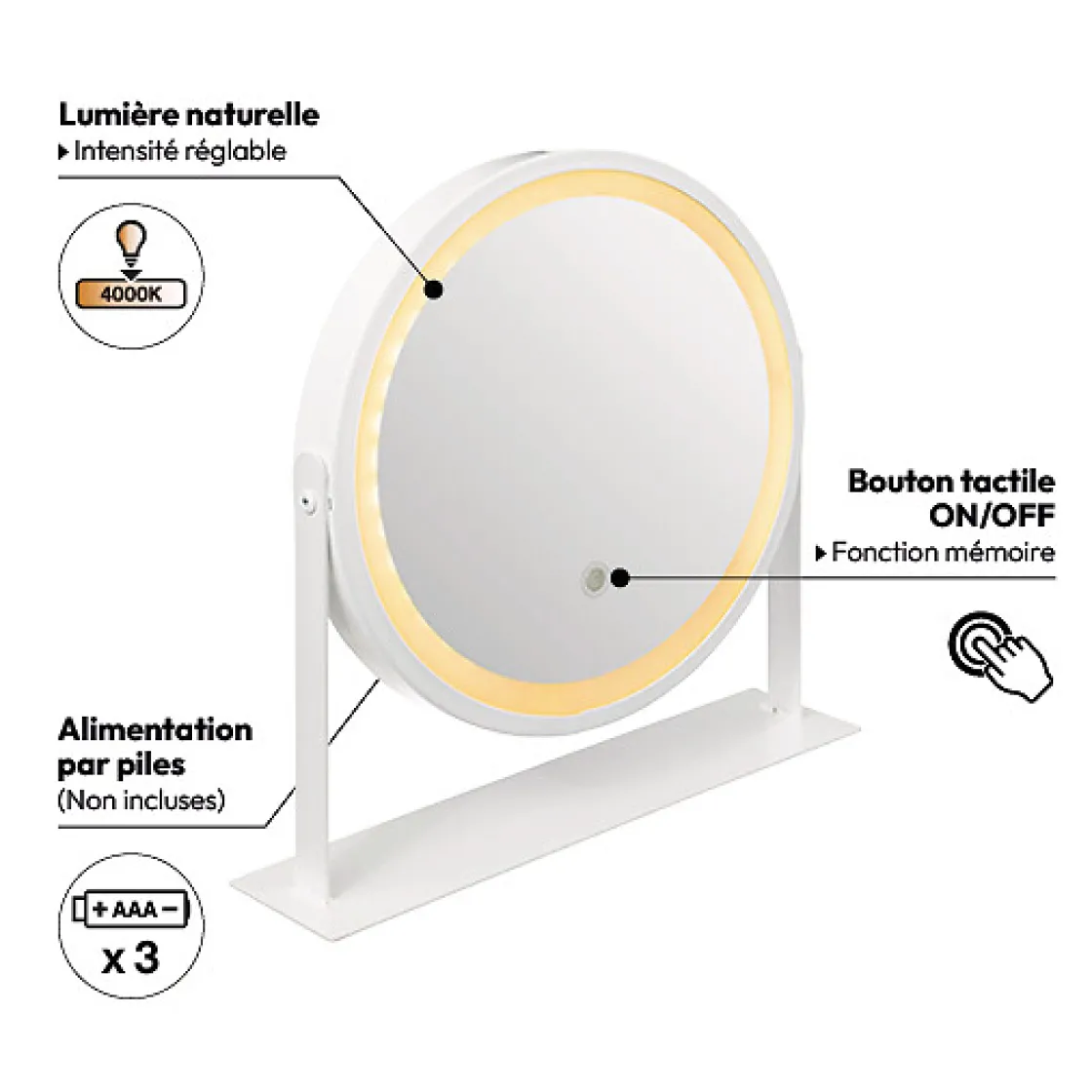 5five Miroir rond pivotant LED, Blanc