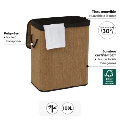 5five Panier à linge 60L, Bambou et noir
