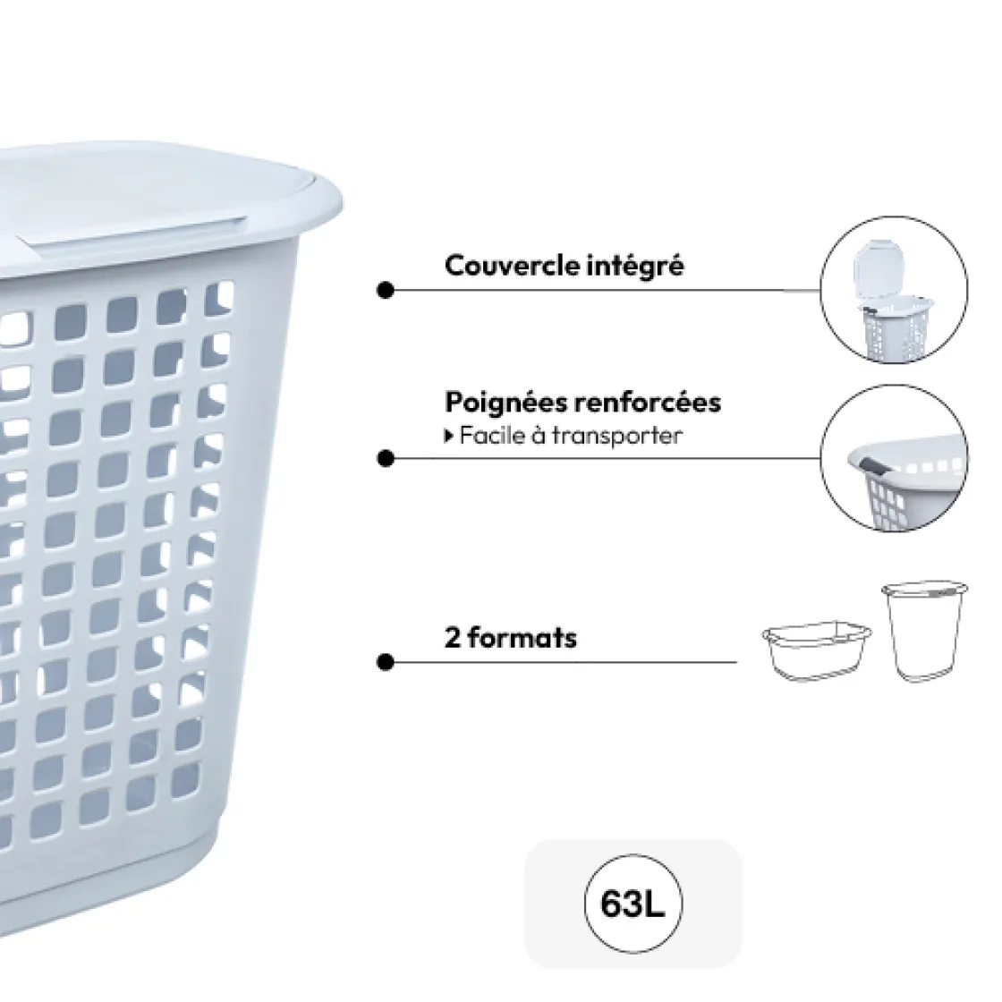 5five Panier à linge plastique 63L, Blanc