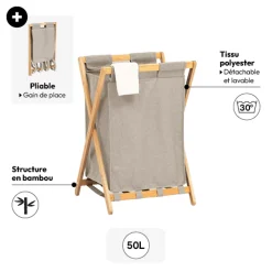 5five Panier à linge pliable 50L, Gris