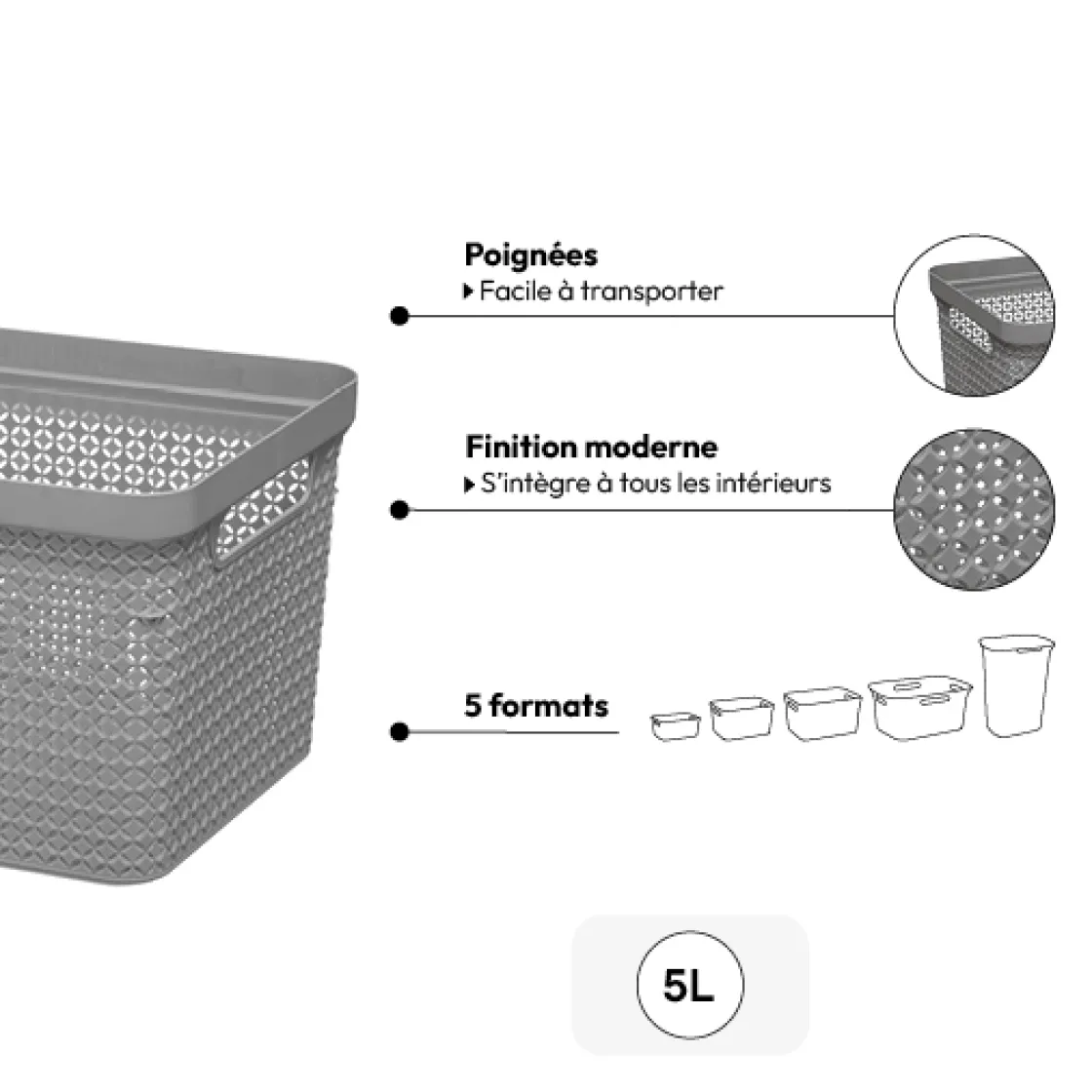 5five Panier en plastique 5L - Gris