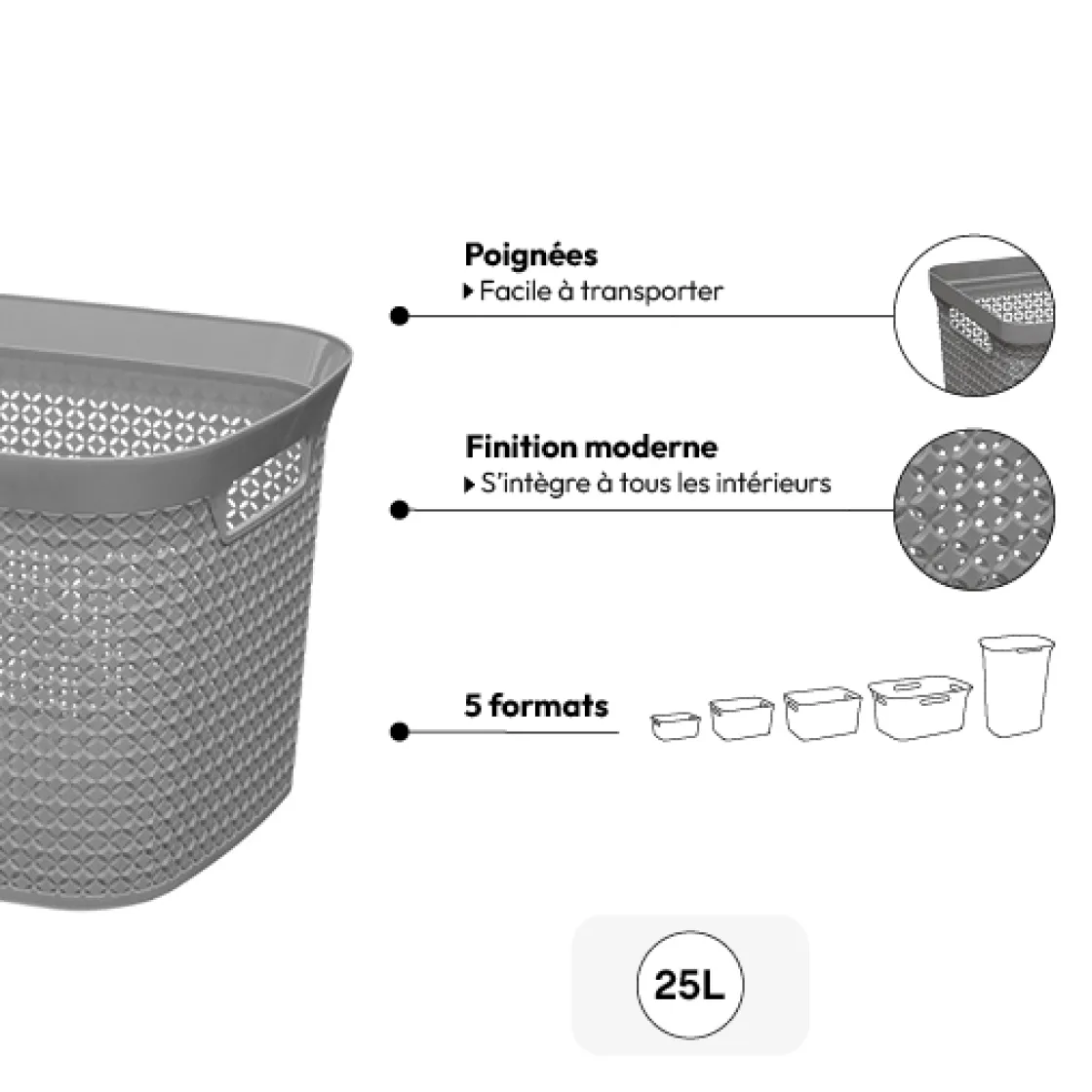 5five Panier en plastique 25L, Gris