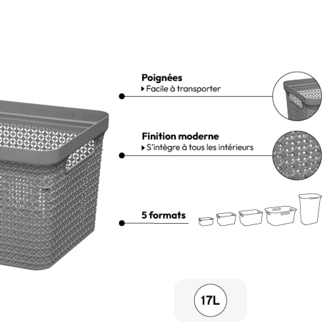 5five Panier en plastique 17L, Gris