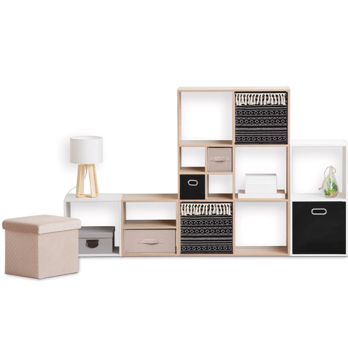 5five Panier tissu 31x31cm, Noir/blanc pompons