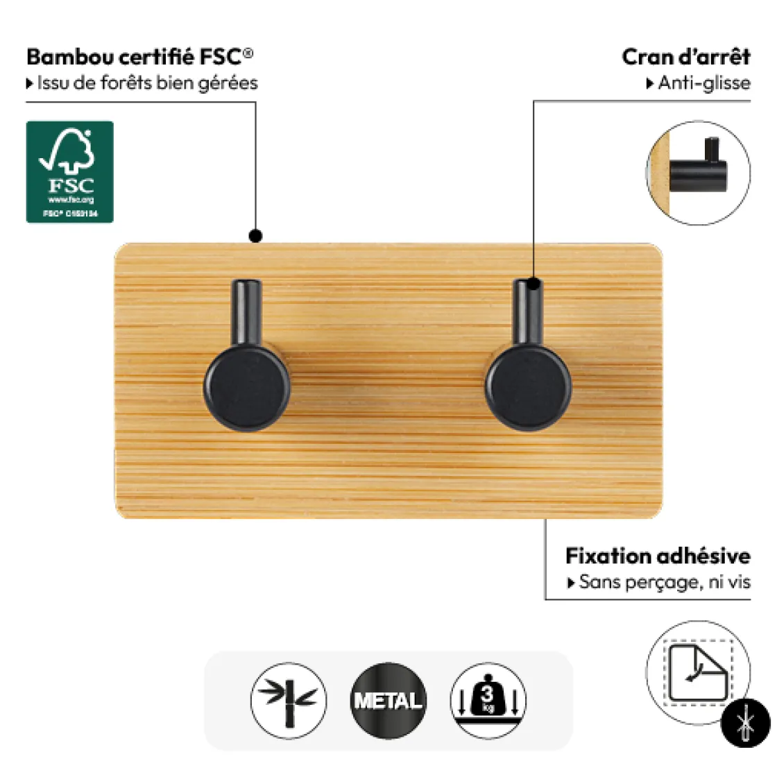 5five Patère adhésive 2 têtes métal et bambou