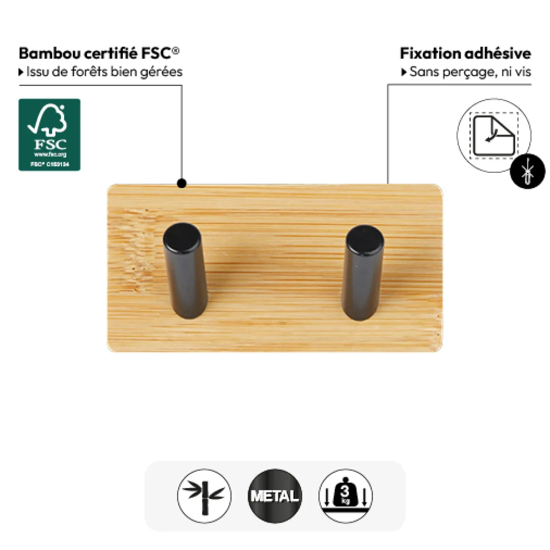 5five Patère adhésive 2 têtes métal et bambou