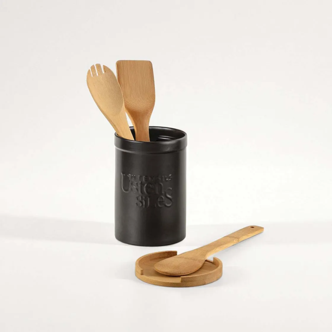 5five Pot à ustensiles couvercle bambou, Céramique noir