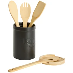 5five Pot à ustensiles couvercle bambou, Céramique noir