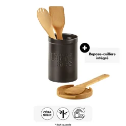 5five Pot à ustensiles couvercle bambou, Céramique noir