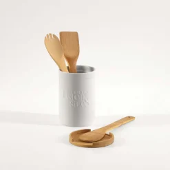 5five Pot à ustensiles couvercle bambou, Céramique blanc