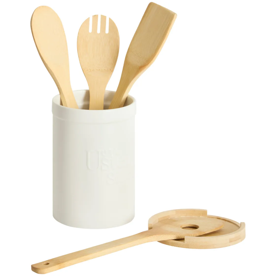 5five Pot à ustensiles couvercle bambou, Céramique blanc