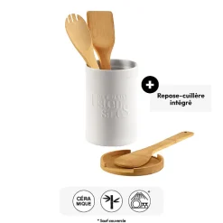 5five Pot à ustensiles couvercle bambou, Céramique blanc