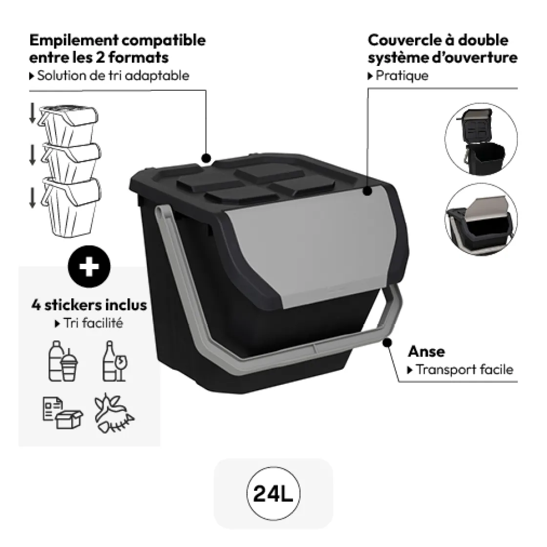 5five Poubelle de tri plastique 24L, Noir