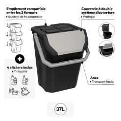 5five Poubelle de tri plastique 37L, Noir