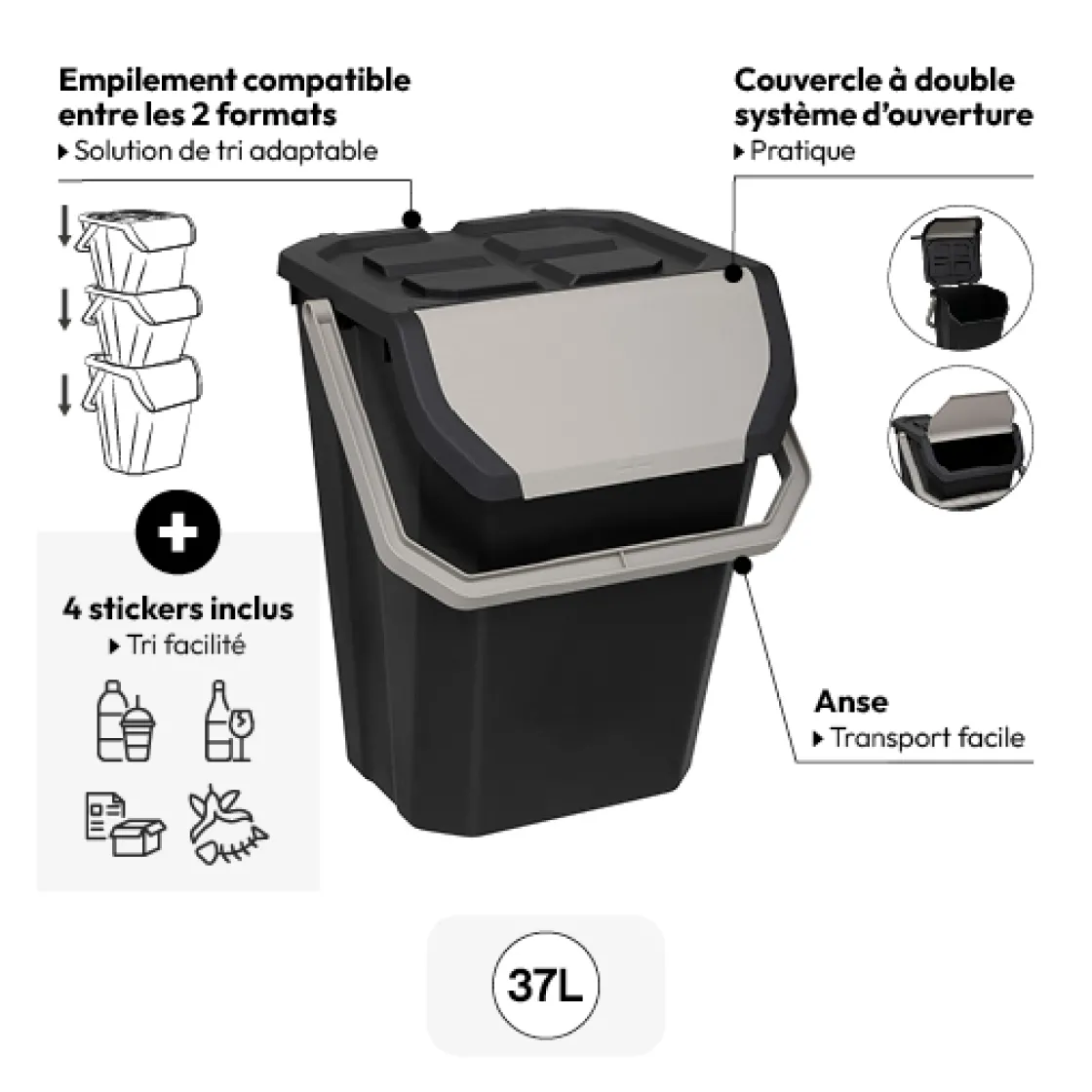 5five Poubelle de tri plastique 37L, Noir