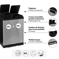 5five Poubelle de tri sélectif à pédales métal 2x30L, Inox