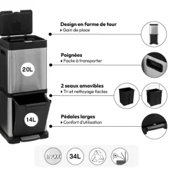 5five Poubelle de tri sélectif en métal 20+14L, Inox
