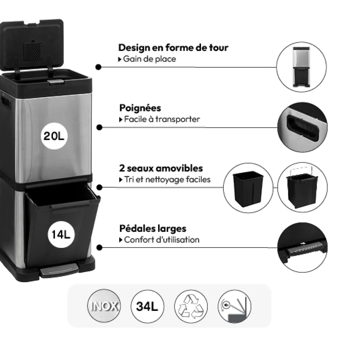 5five Poubelle de tri sélectif en métal 20+14L, Inox