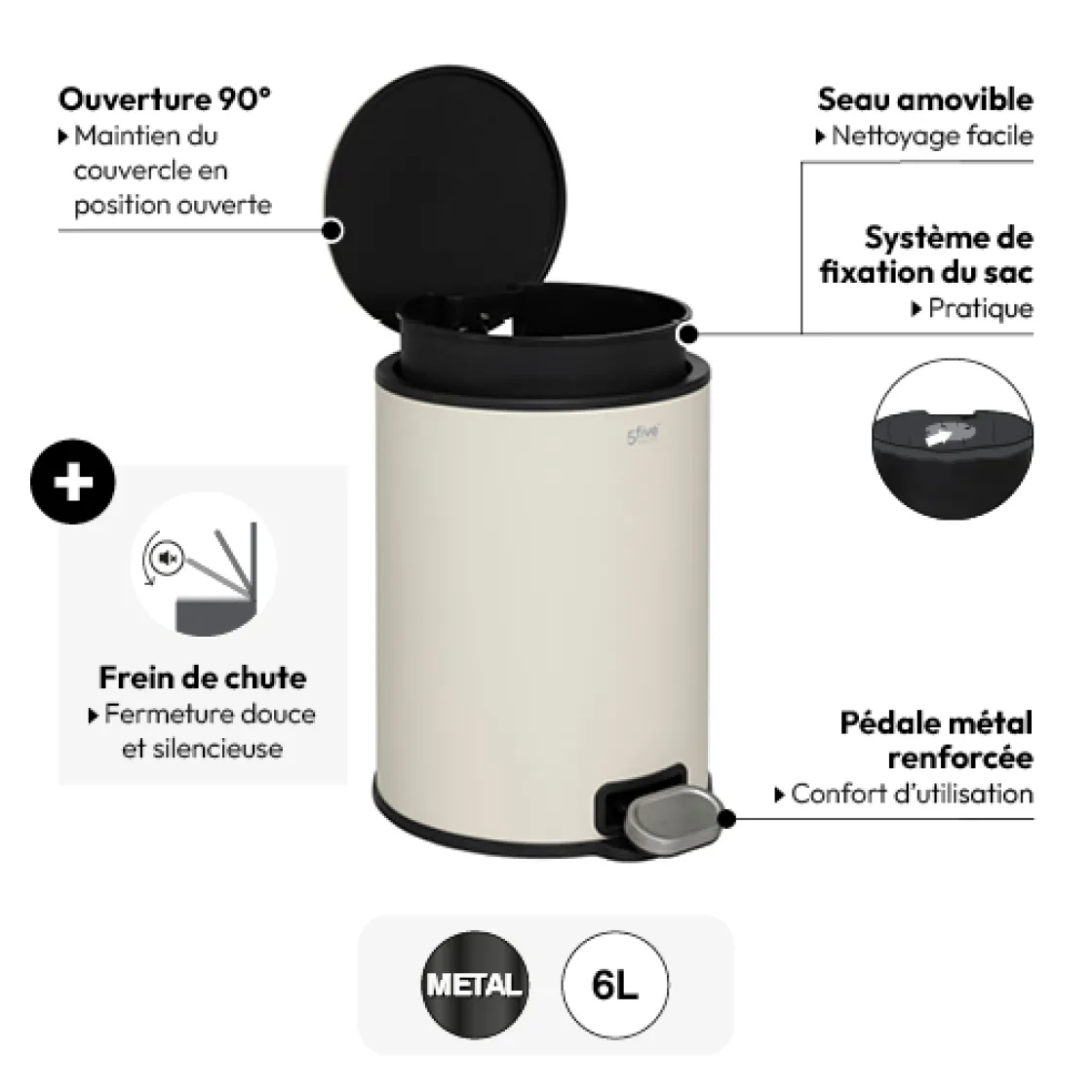 5five Poubelle métal 6L, Argile