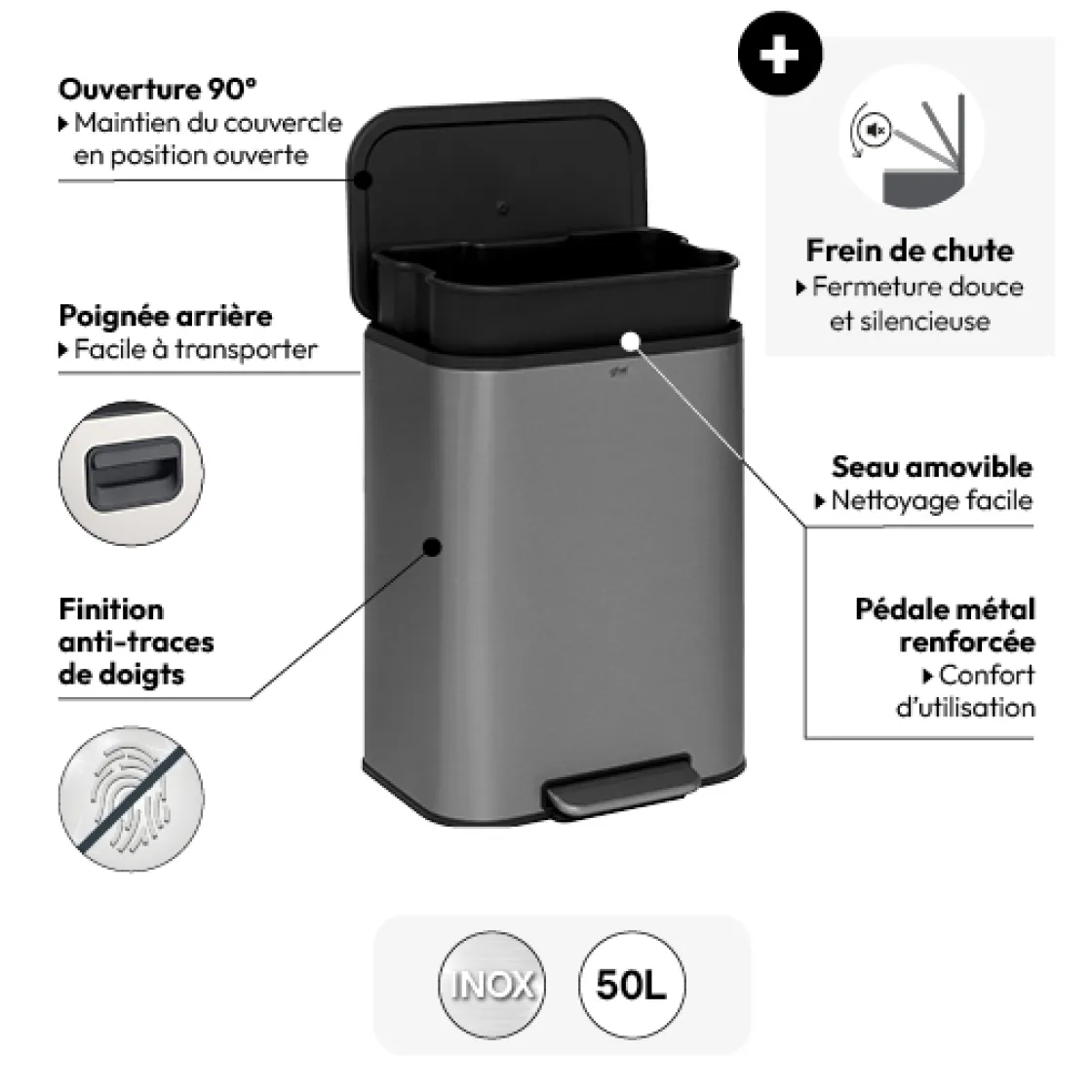 5five Poubelle métal 50L, Inox finition mat
